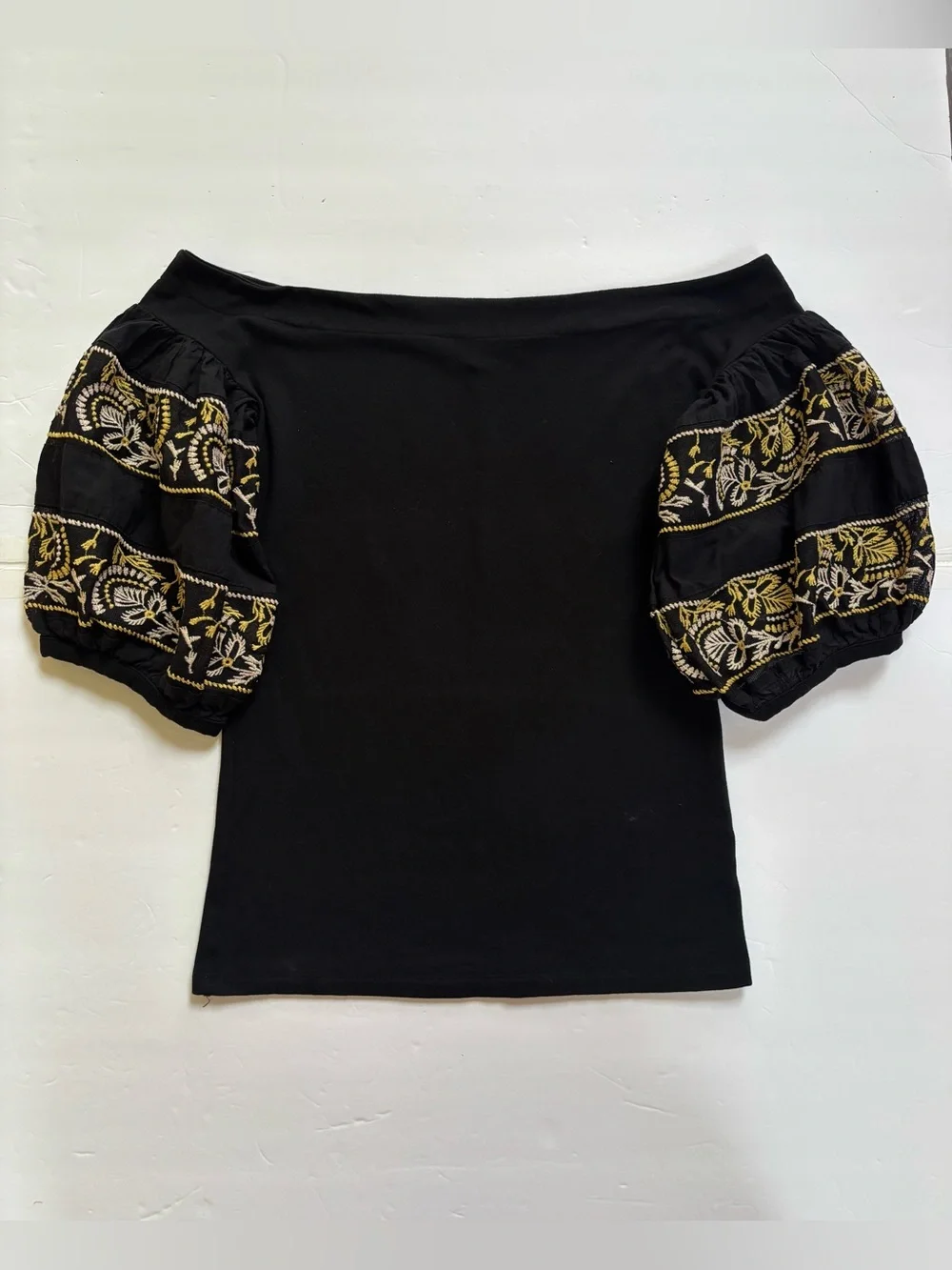 Free People Rock With It Off Shoulder Top Black Embroidered Puff Sleeve S/P